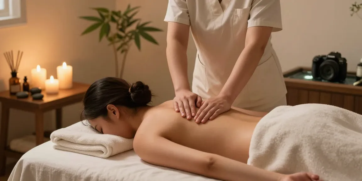 Relaxing 부평출장마사지 scene in a serene home spa environment with candles and calming lighting.
