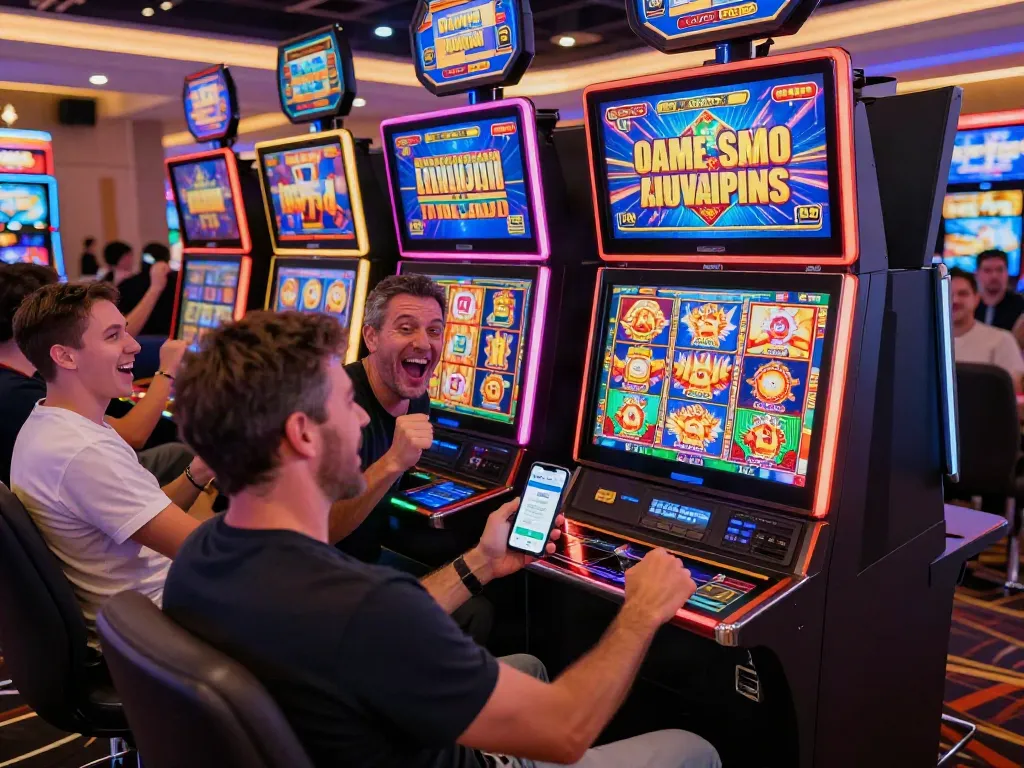 Excited players celebrating at slot jackpot machines in a modern casino environment.
