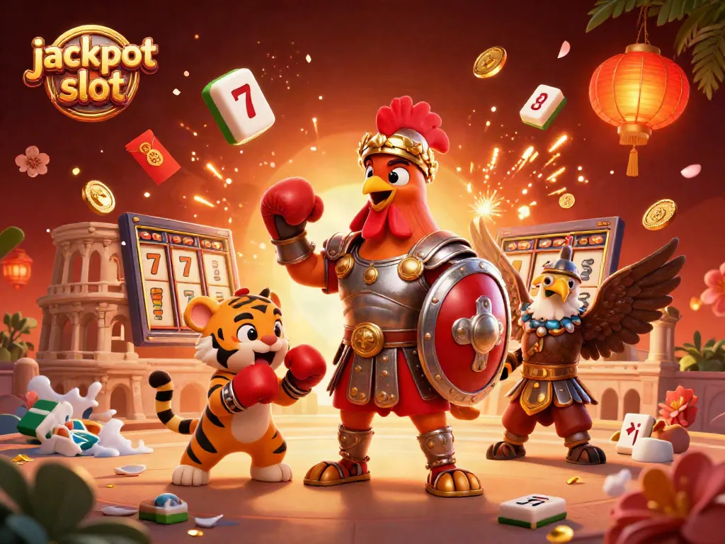 Experience the thrill of jackpot slot action with 3D characters in a vibrant, dynamic casino scene.
