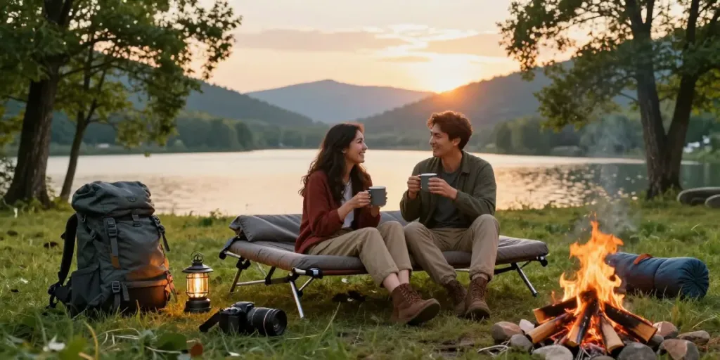 Couple relaxing on a portable bed by a campfire in a serene outdoor setting.