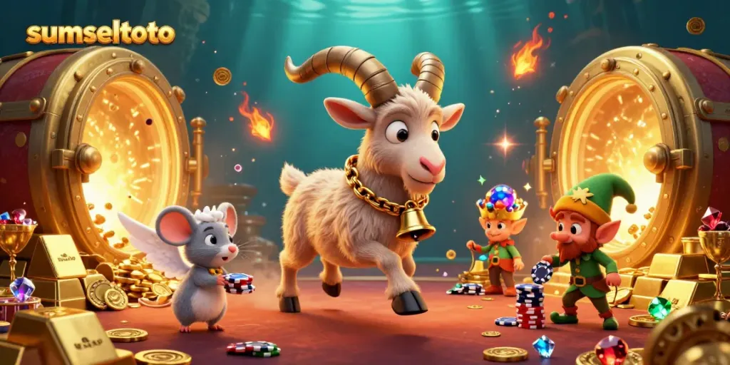 Engage with sumseltoto's thrilling casino scene featuring Krampus and whimsical characters in a festive atmosphere.