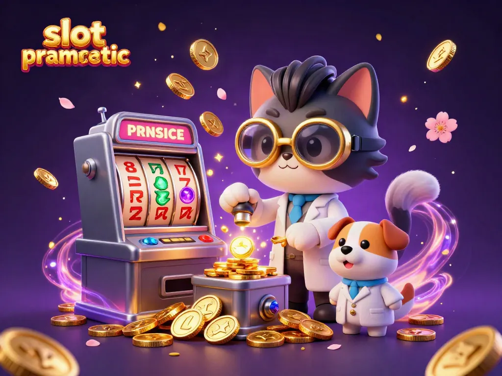 Win big with slot pragmatic in a lively scene featuring a mad scientist cat and loyal dog amidst golden coins and gems.
