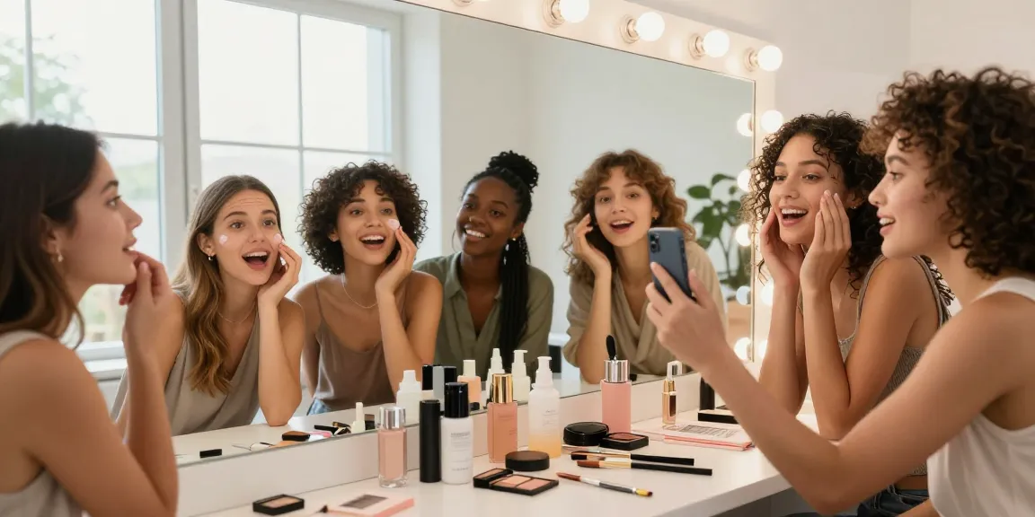 Group of friends exploring how old do I look with makeup tools and selfies in a beauty studio.