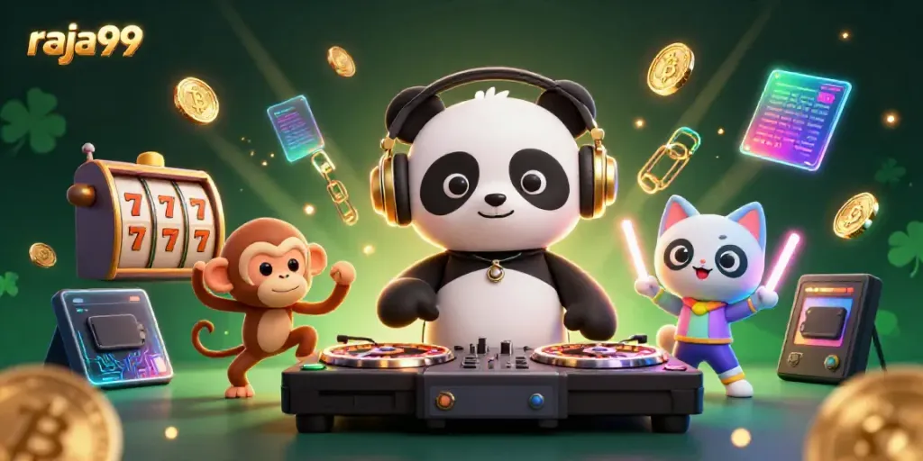 Experience the excitement of raja99 with a vibrant casino scene featuring animated characters and glowing game elements.