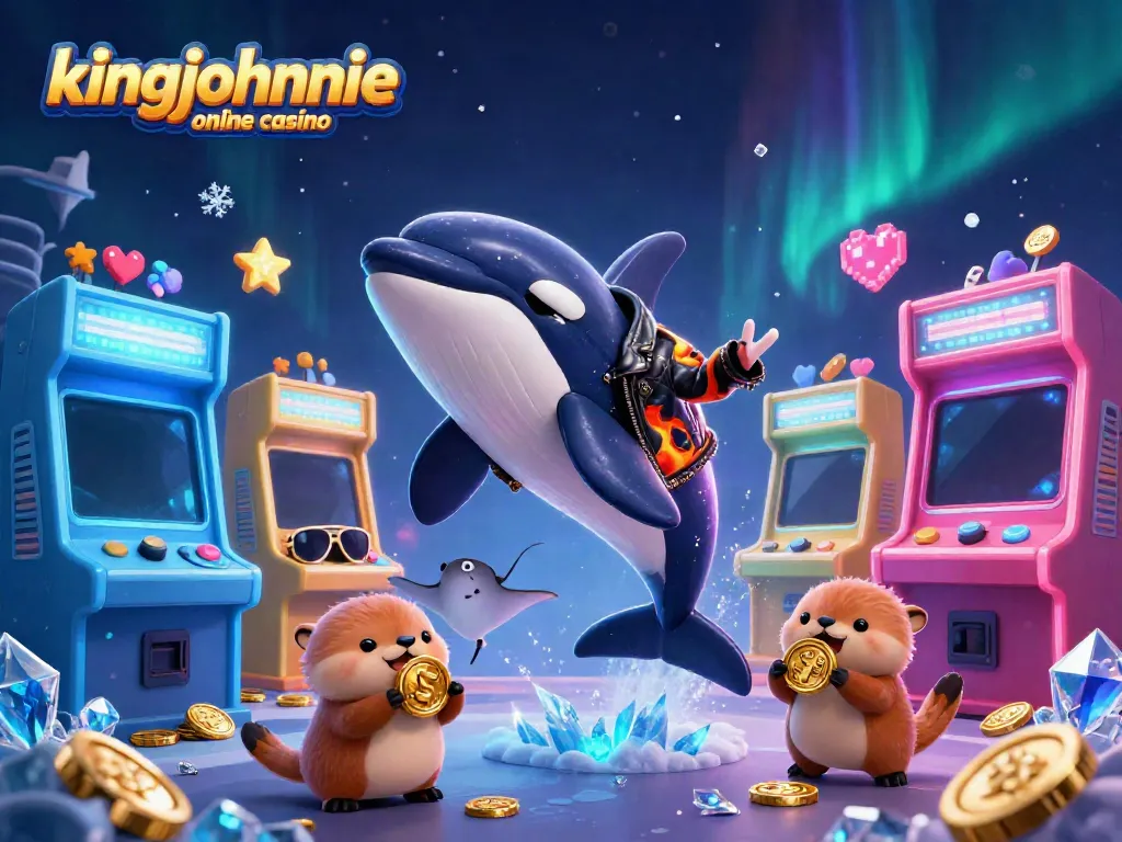 Engage with kingjohnnie online casino through a vibrant 3D cartoon scene filled with animated characters and casino elements.