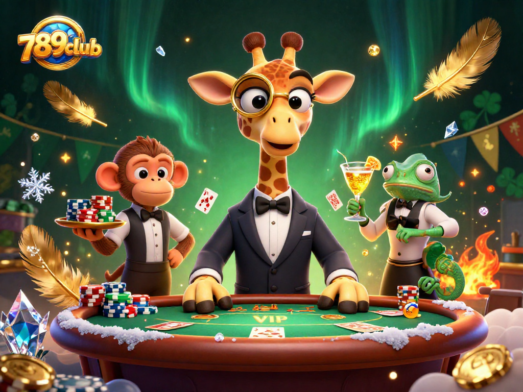 Experience 789club's thrilling poker action with a stylish high-roller giraffe and vibrant casino ambiance.