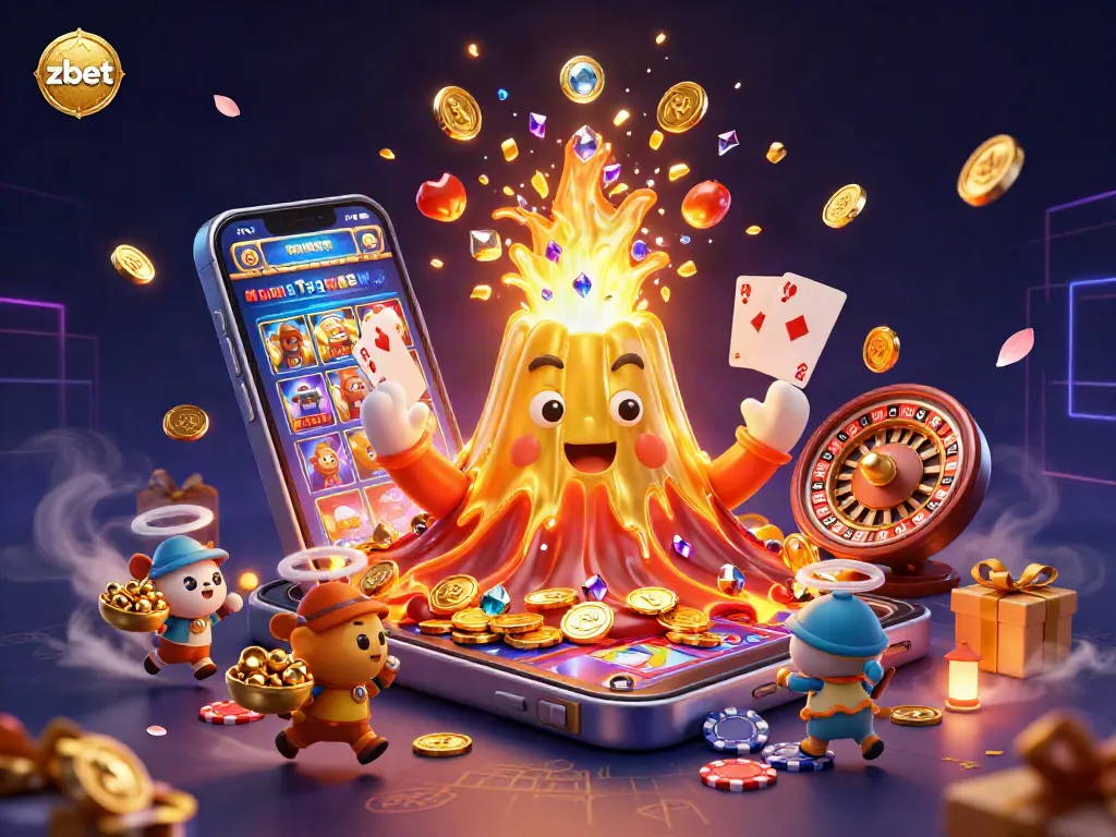 Win big with zbet's 3D casino scene, showcasing thrilling slots and vibrant treasures.