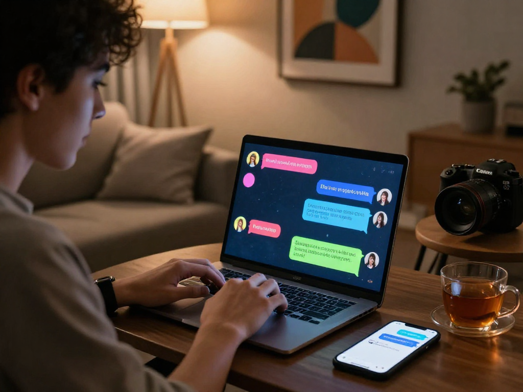 Engaging NSFW chat scene with user typing on laptop surrounded by cozy ambiance