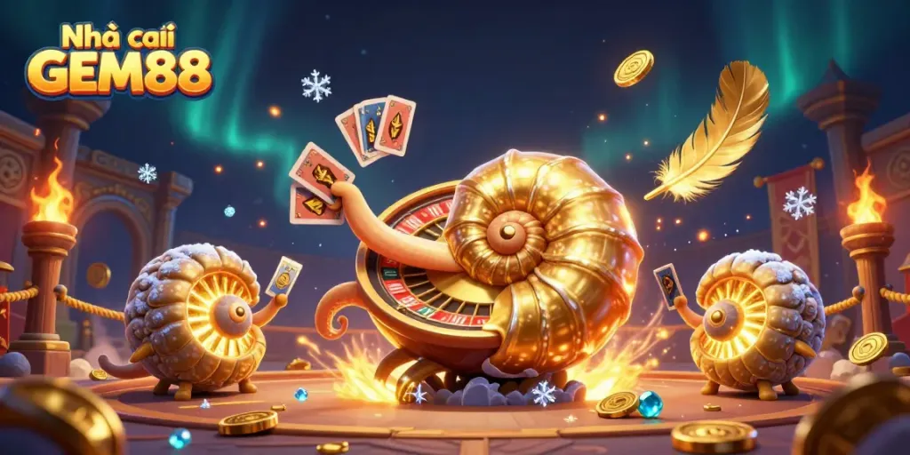 Play exciting games at Nhà cái GEM88 with an ancient nautilus holding winning cards.