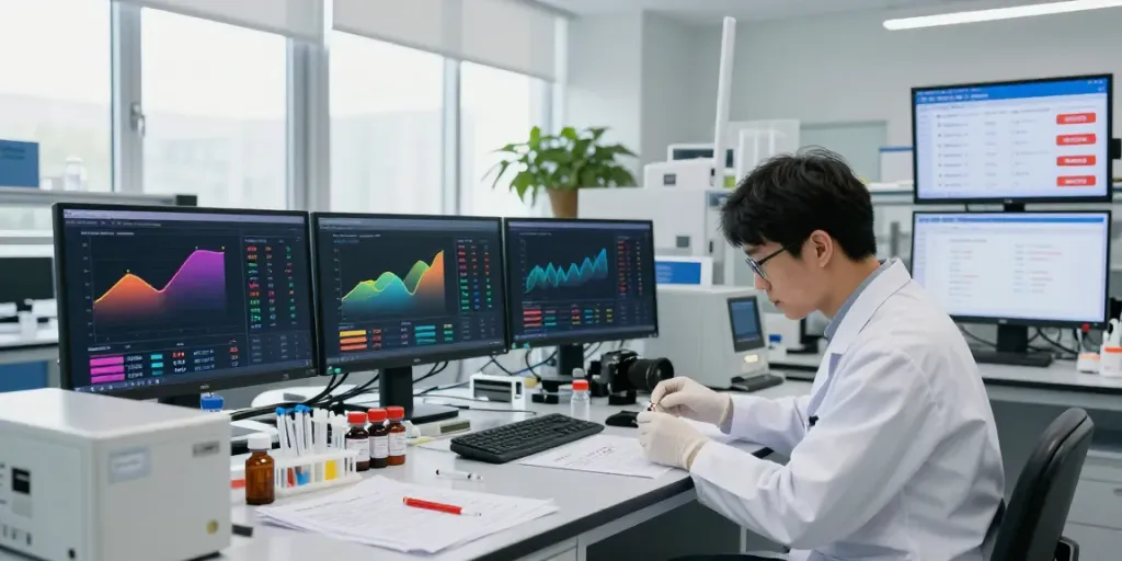 Scientist in a lab analyzing peptides while reviewing pepti price trends on multiple screens.
