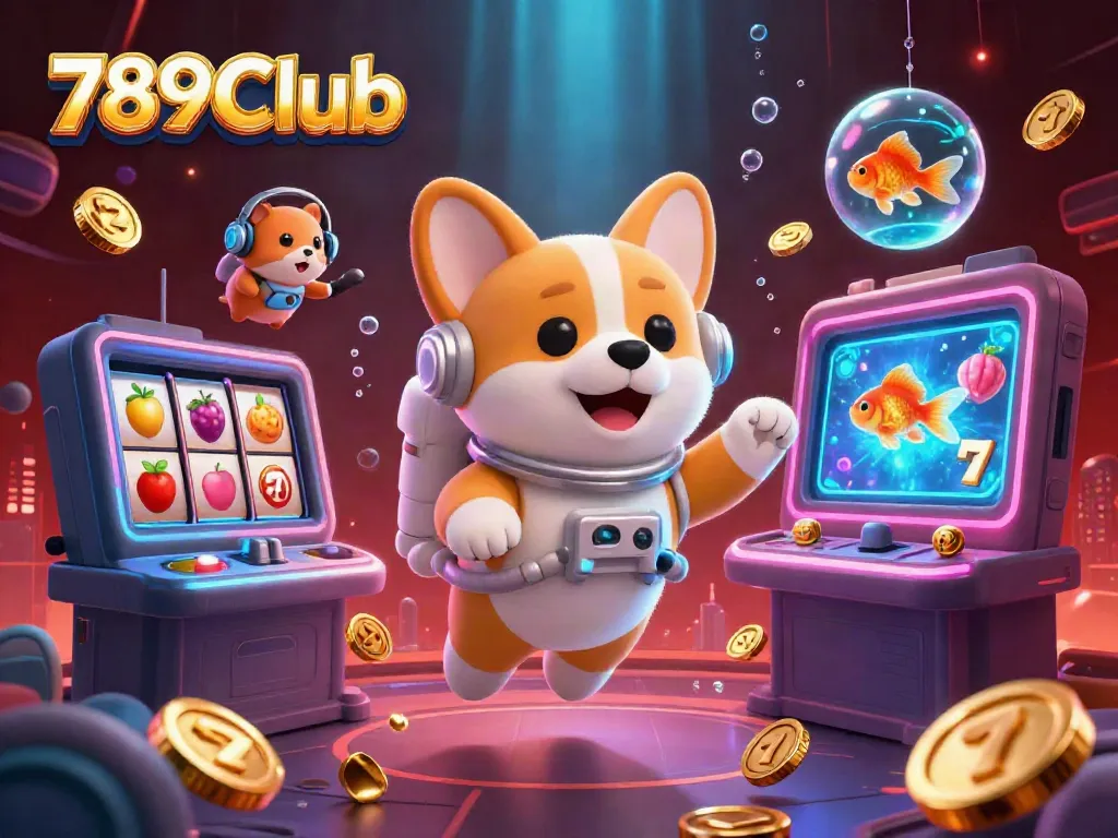 Explore the thrilling casino universe of 789Club with a 3D floating corgi and vibrant game elements like slot reels and jackpots.