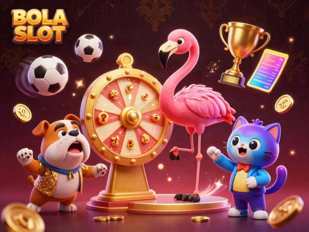 BOLA SLOT dynamic scene with a game show host flamingo and a contestant bulldog showcasing vibrant casino excitement.