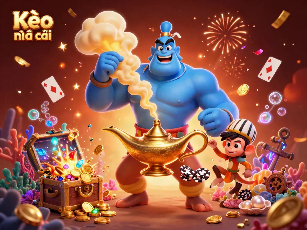 Experience thrilling moments with Kèo nhà cái illustrated in a vibrant 3D scene filled with casino elements and magical flair.