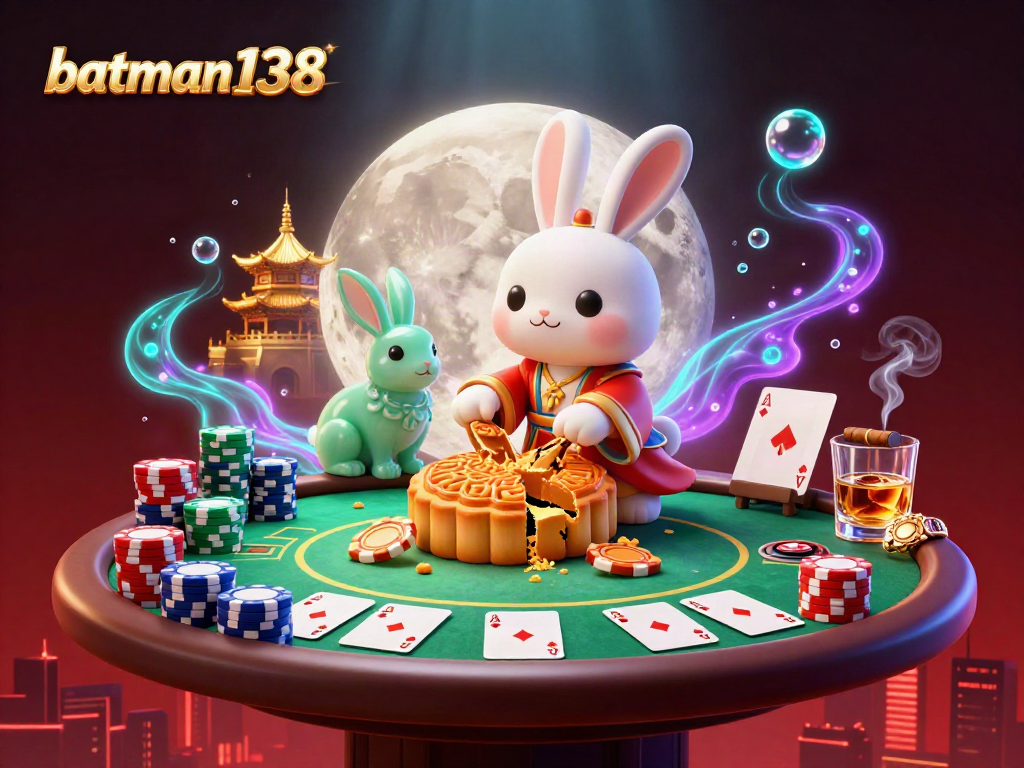 Bet on batman138 as the moon rabbit brings luck with poker chips and mooncakes in casino-style art.