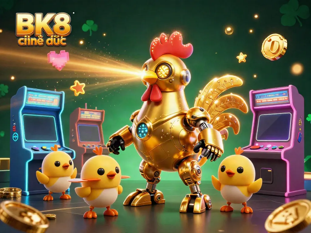 Engage with BK8 chính thức's playful 3D scene featuring a golden rooster robot and gaming elements.