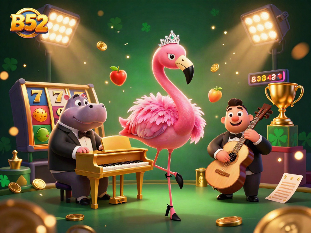 B52 casino scene with a lively flamingo singer and hippo bassist, surrounded by slot reels and gold coins.