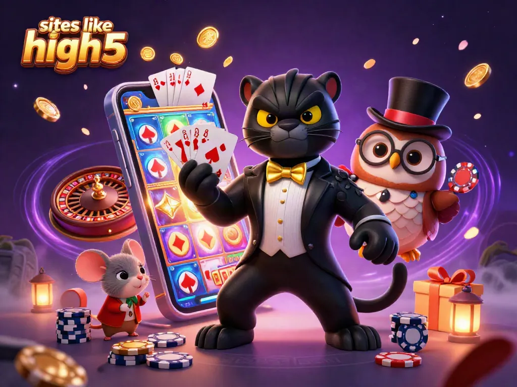 Engage with thrilling sites like high 5 in a vibrant 3D casino scene featuring charismatic characters.