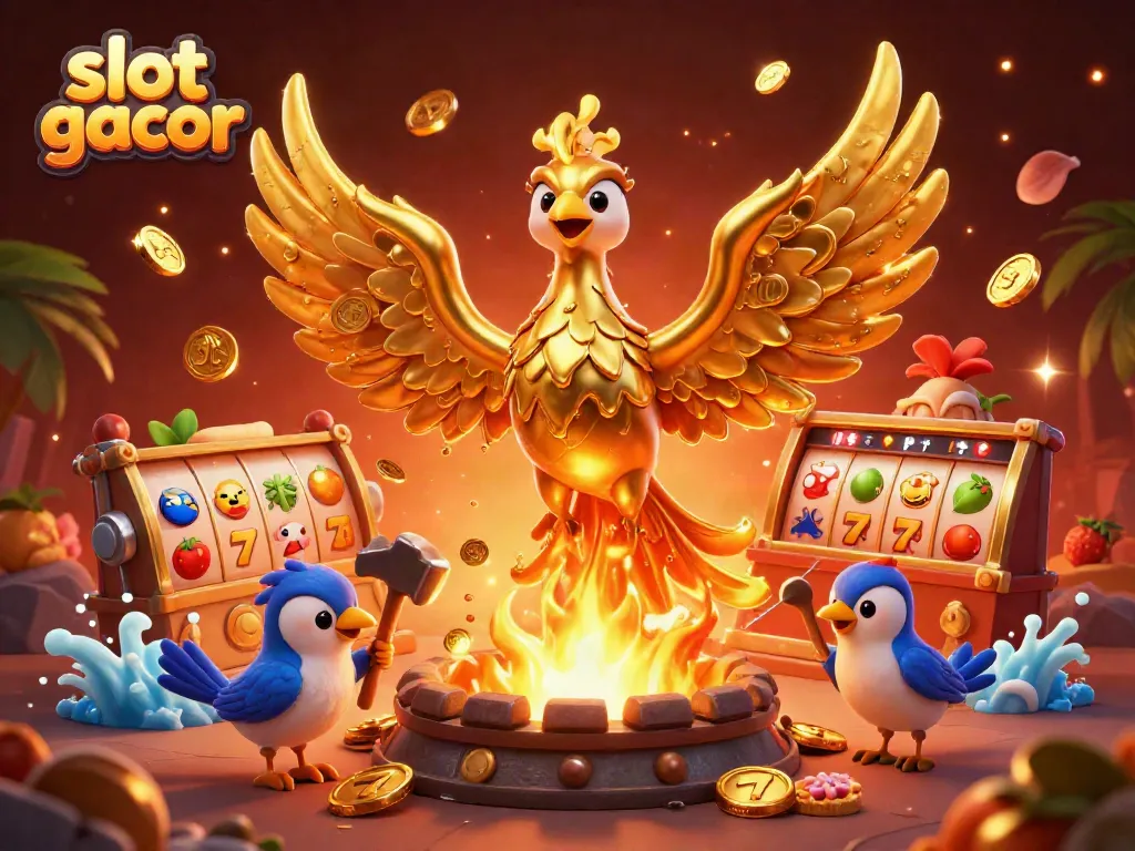 Experience the excitement of slot gacor with a golden phoenix and vibrant slot reels in a dynamic casino setting.