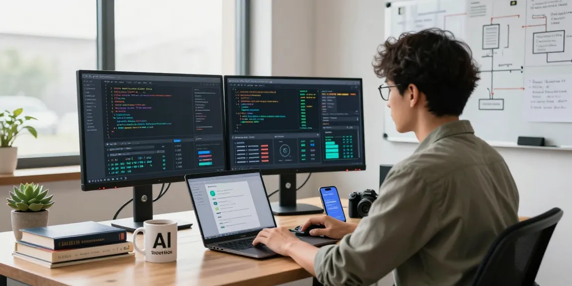 AI Detector tool in a modern workspace, showcasing data analytics and detection metrics on screens, highlighting innovation and technology.