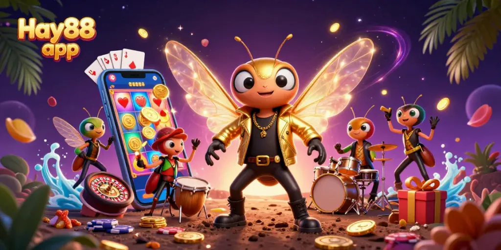 Experience the thrill of the Hay88 app with dynamic casino characters and vibrant game elements.