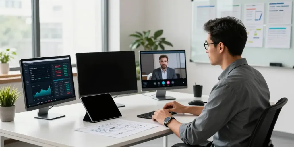 Michael Rustom consulting from a modern office with tech gadgets and analytics displayed.