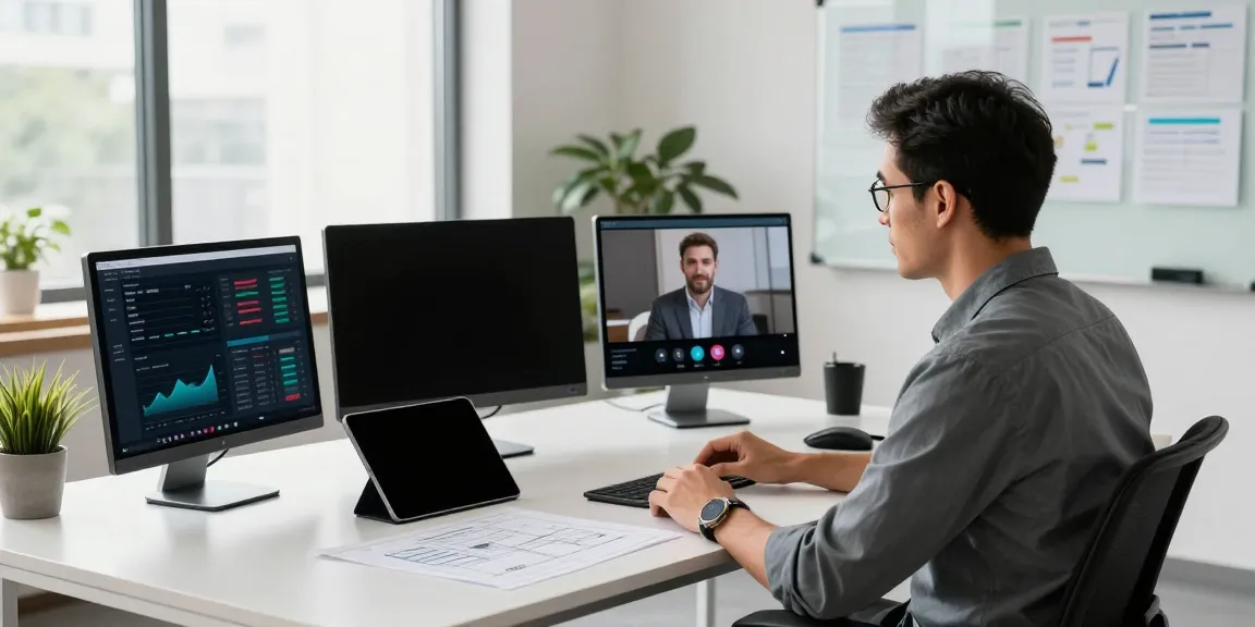 Michael Rustom consulting from a modern office with tech gadgets and analytics displayed.