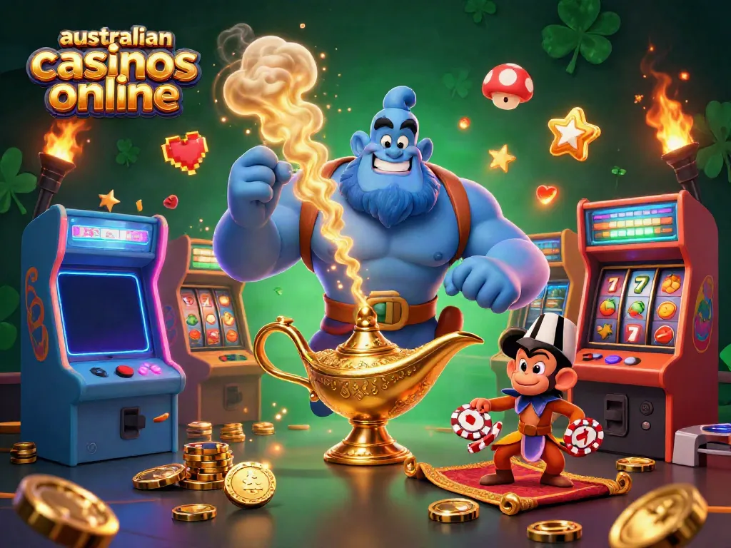 Engage with the magic of australian casinos online, featuring a vibrant scene with a genie, monkey, and poker chips.