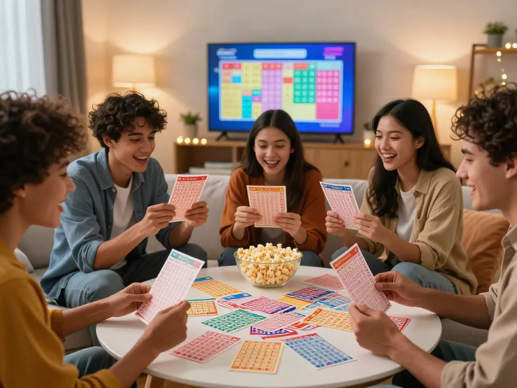 Friends celebrating and checking harga toto lottery tickets in a cozy living room.