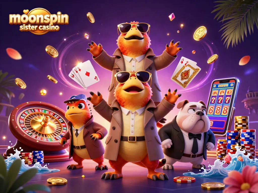 Experience the thrill at moonspin sister casino with raptors and vibrant casino elements.