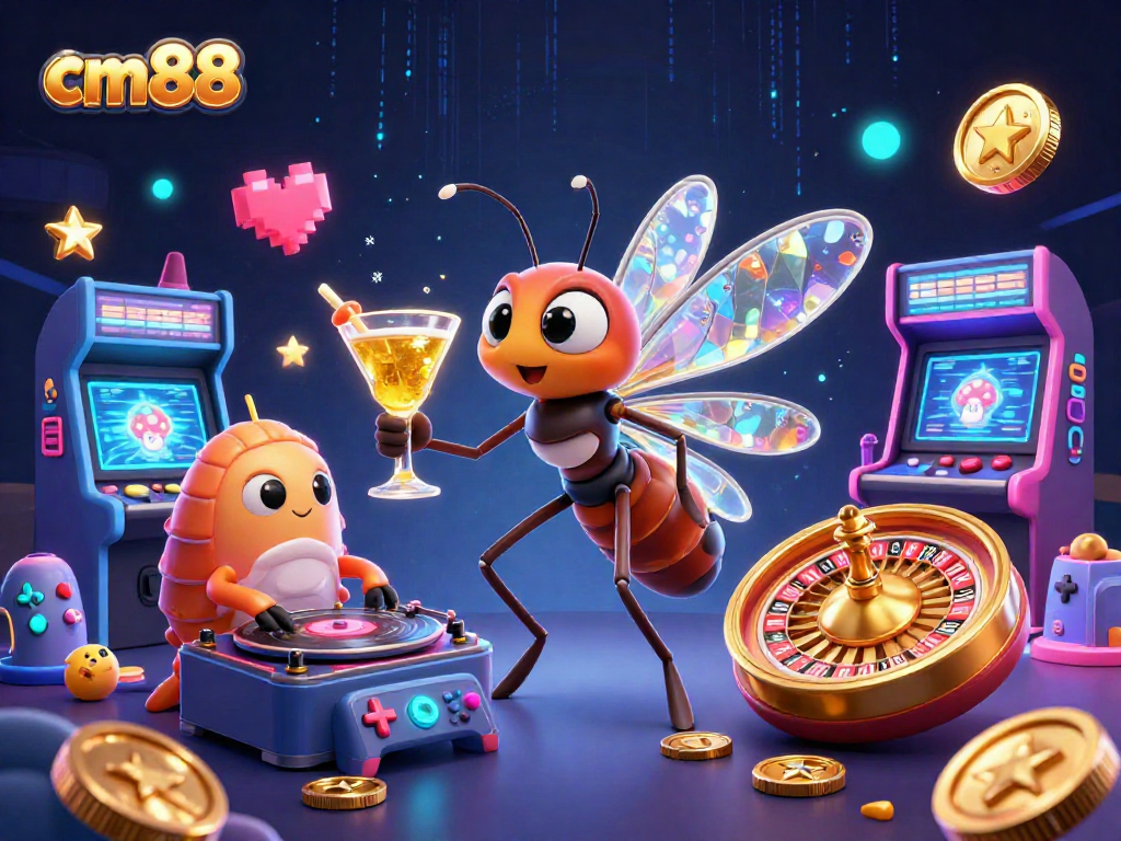 Experience fun with cm88 as a cartoon mosquito casino mascot with a colorful gaming background.