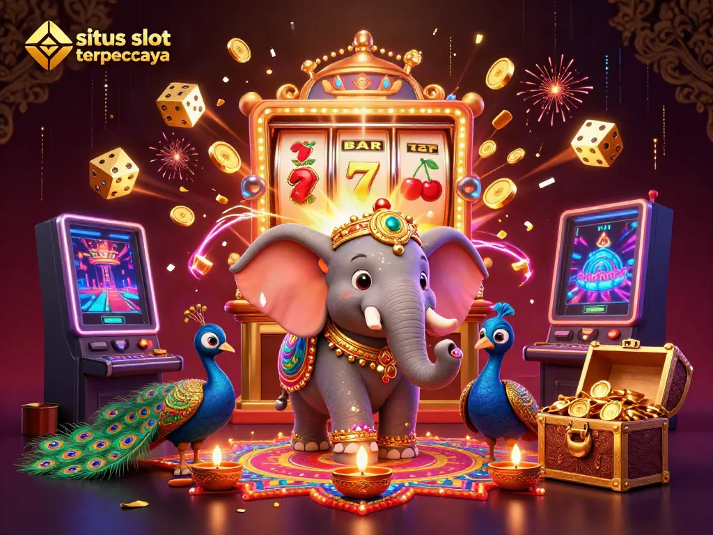 Experience the thrill of situs slot gacor terpercaya with a vibrant 3D scene bursting with casino symbols and festive elements.