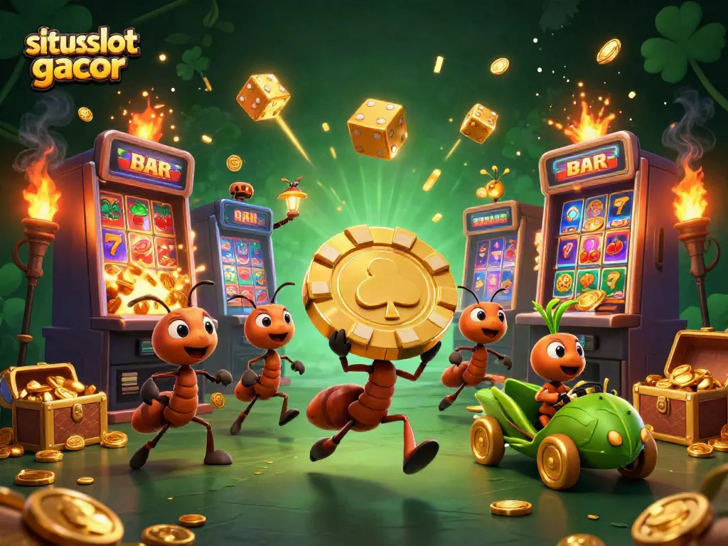 Cute ants in a heist, showcasing situs slot gacor themes with slots and poker chips, vibrant and dynamic.