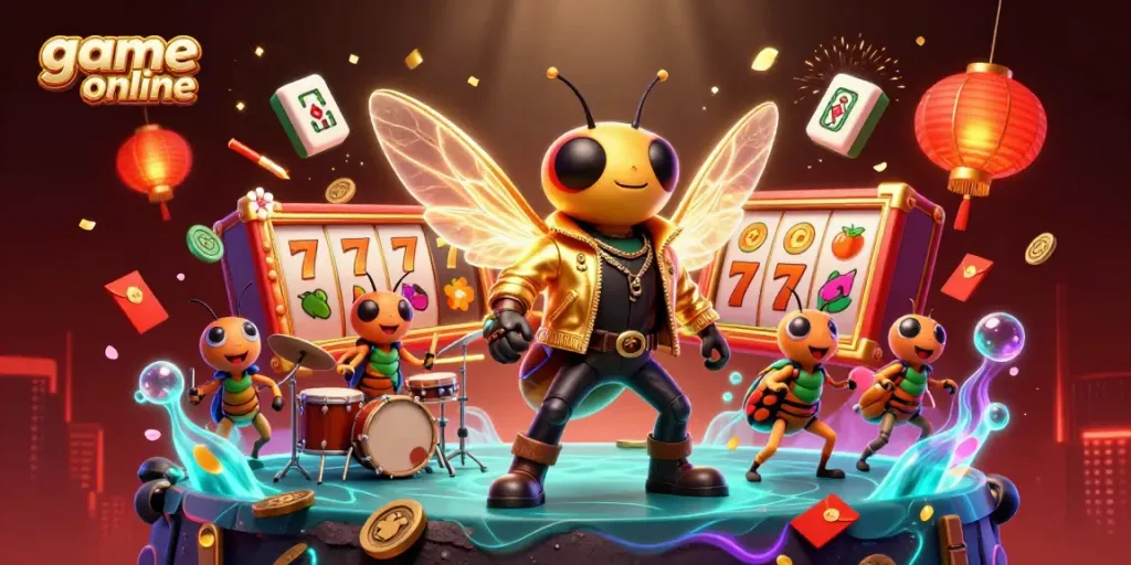 Play thrilling game online with 3D cartoon characters in vibrant casino-themed illustration.