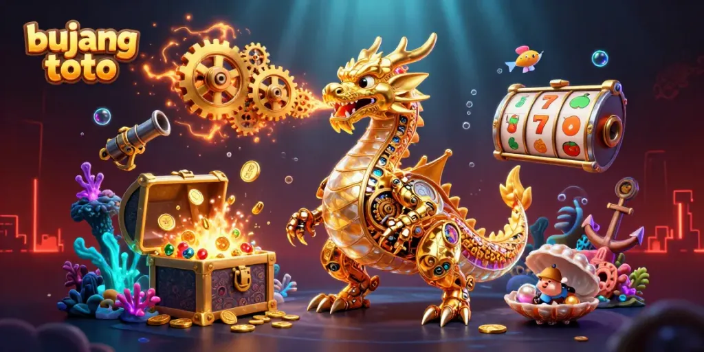 Experience winning thrills with bujang toto showcasing a golden dragon, vibrant gems, and slot game elements.