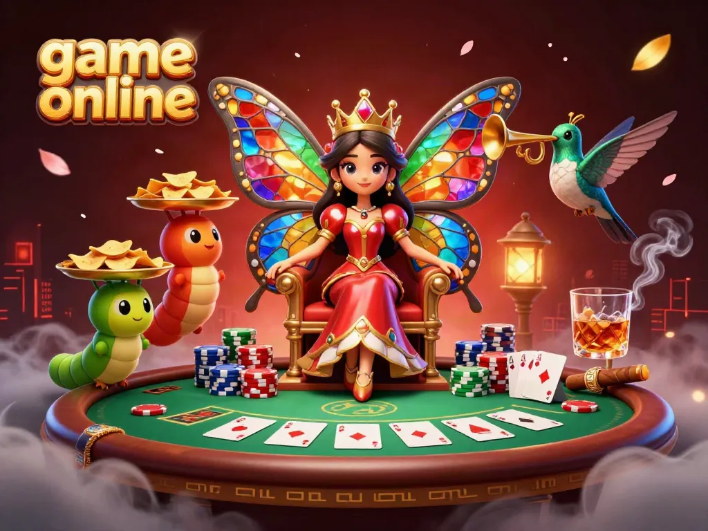 Engage in game online action with a vibrant 3D illustration of a whimsical casino scene featuring a butterfly queen and poker elements.