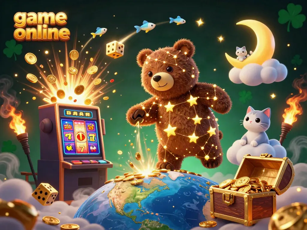 Experience game online excitement with a colorful jackpot scene featuring vibrant 3D characters and rich casino elements.