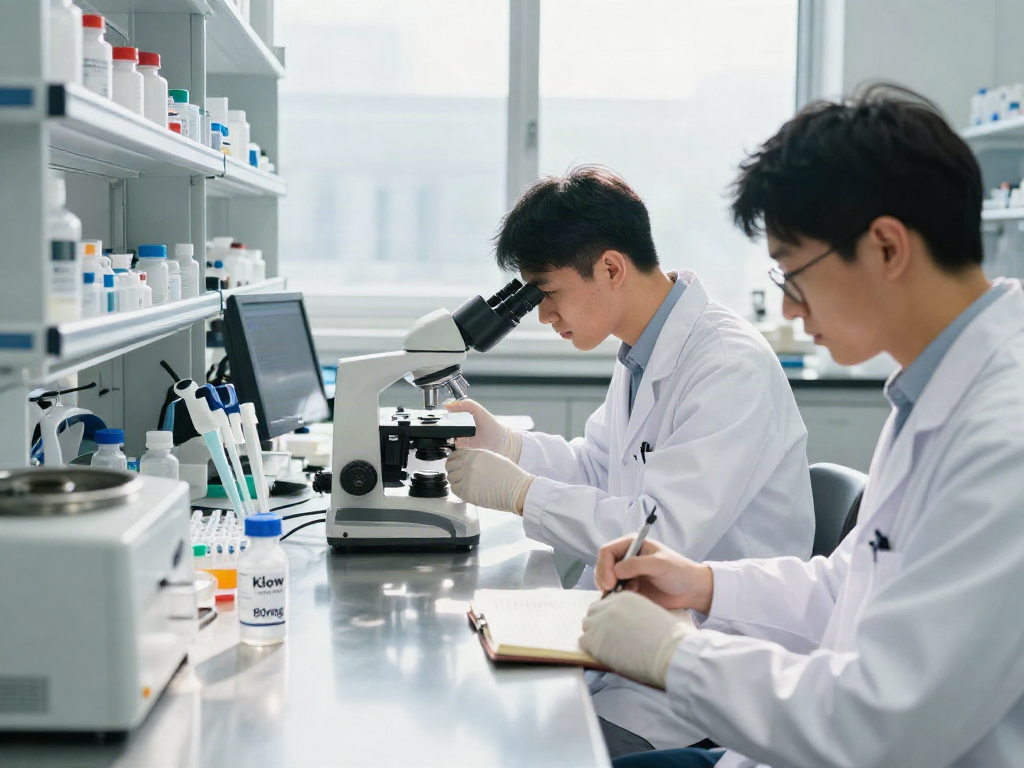 Researchers analyzing Klow 80mg peptide in a bright lab setting with advanced scientific equipment.