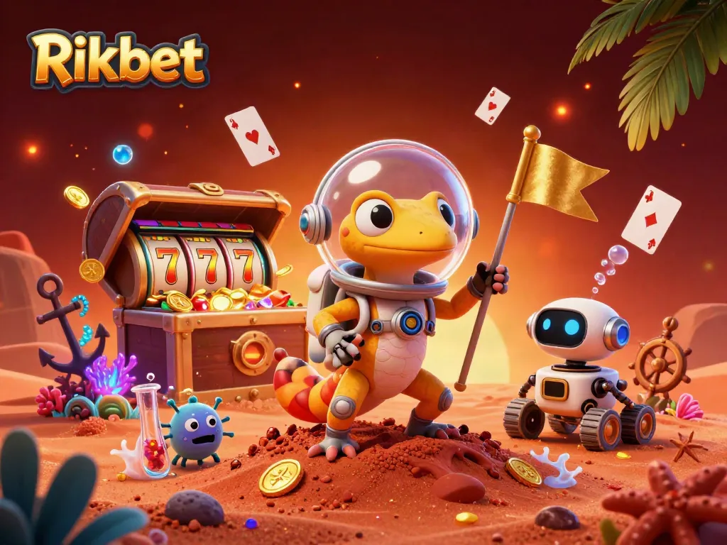 Rikbet unveils thrilling casino adventures with a Martian gecko discovering golden treasures.