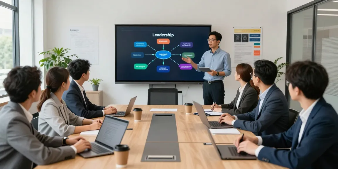 Leadership training Connecticut session in a modern conference room, professionals engaging with a trainer.
