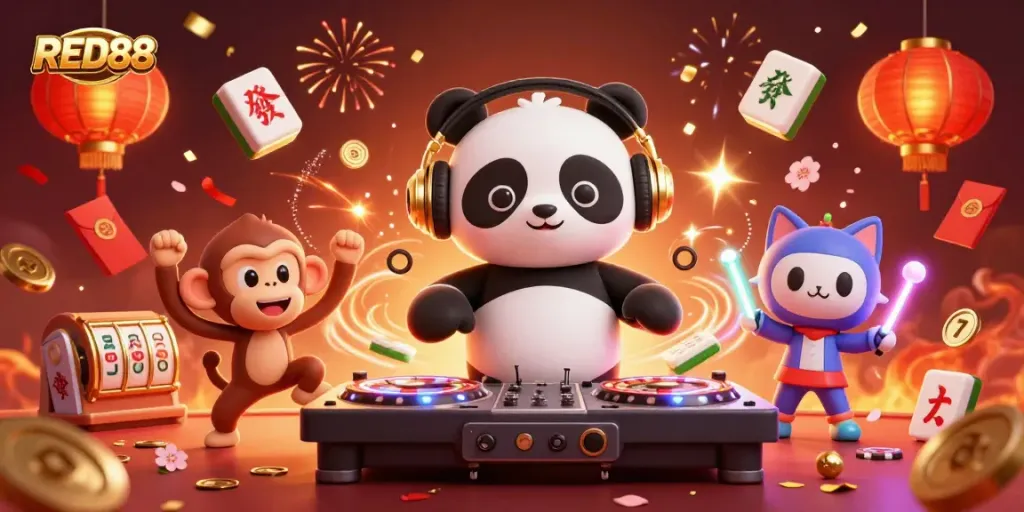 Experience excitement with RED88 at this vibrant casino scene featuring a DJ panda and playful characters.