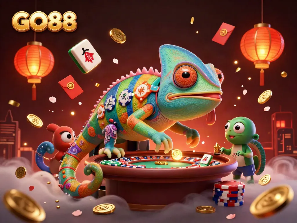 GO88's vibrant online casino scene featuring a colorful chameleon and gaming elements.