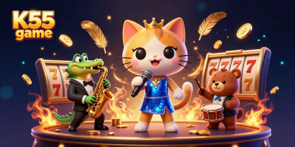 K55 game interactive illustration featuring animated characters and casino elements engaging players.