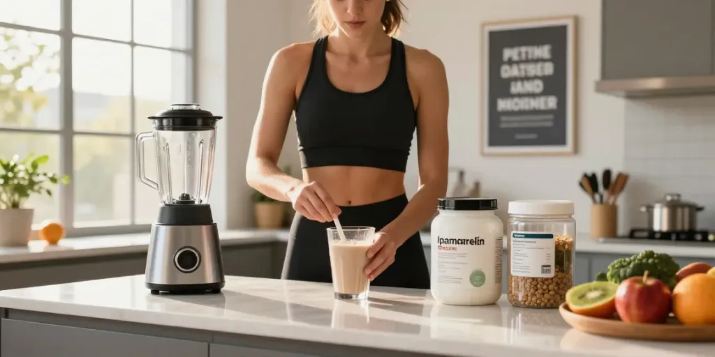Fit individual preparing an Ipamorelin supplement shake in a bright kitchen.