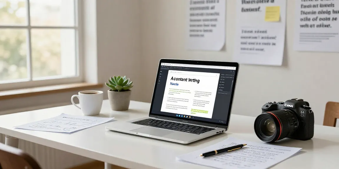 Vibrant workspace with AI content writing tool, notes, and coffee, inspiring creativity.