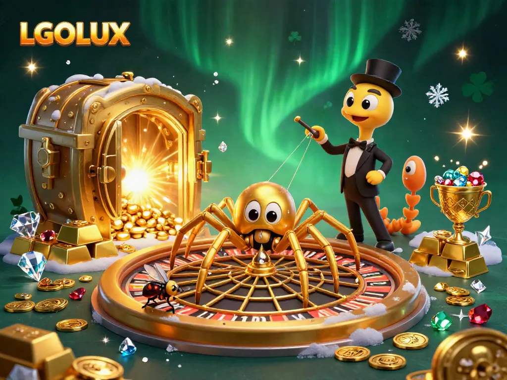 Engage with LGOLUX's dynamic gaming world featuring a roulette wheel web, gemstones, and a playful scene.